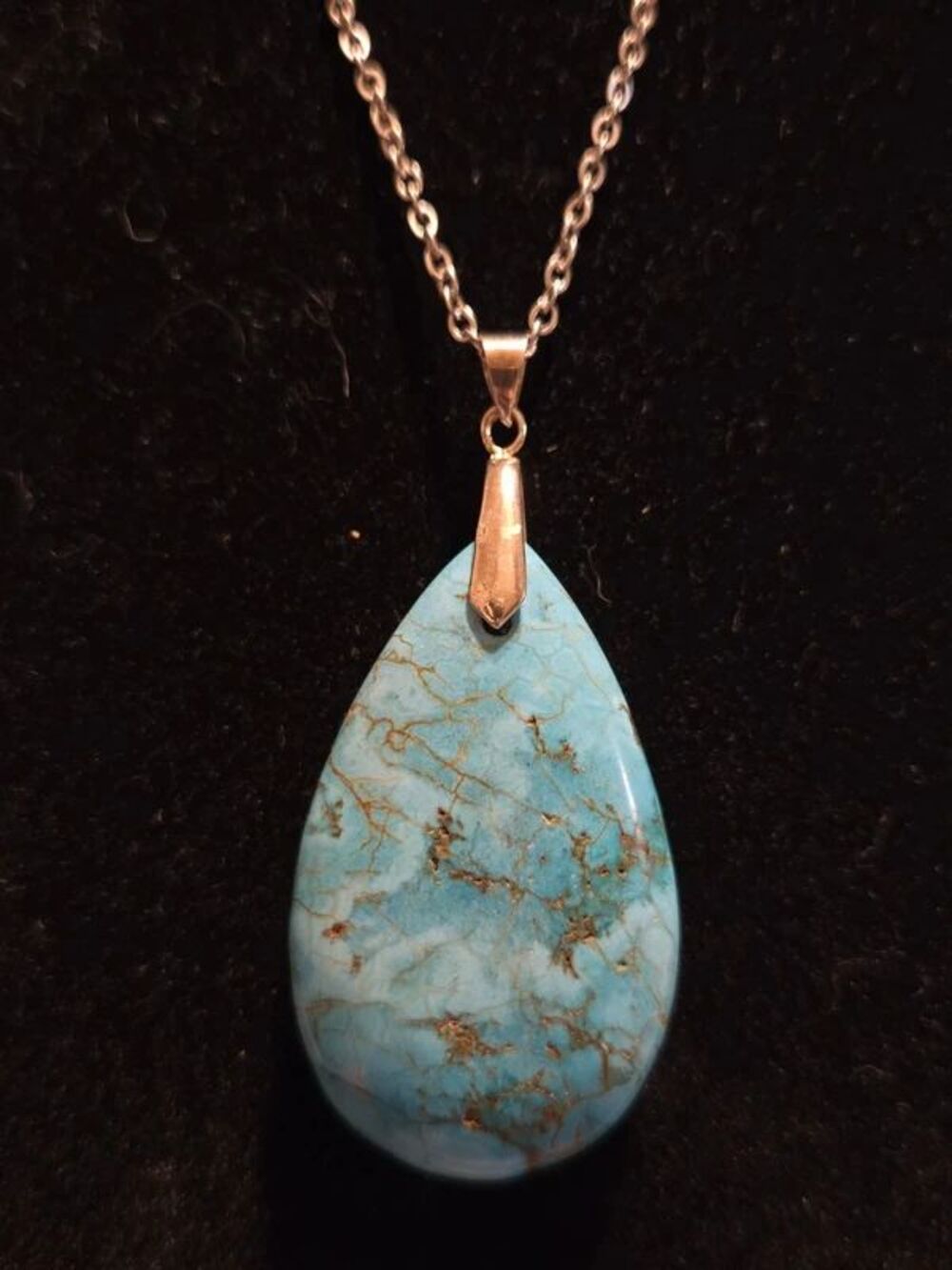 HANDMADE Large Turquoise Teardrop Necklace Hypoallergenic Stainless Steel Chain